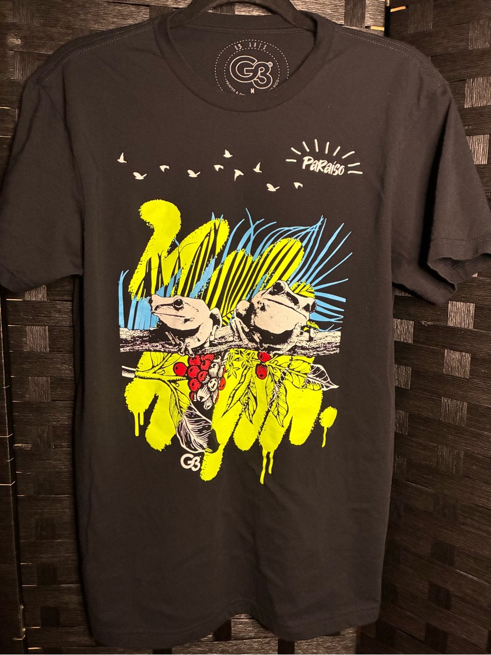 Black Short-Sleeve Tee with Neon Yellow, Blue & Red Frog Art